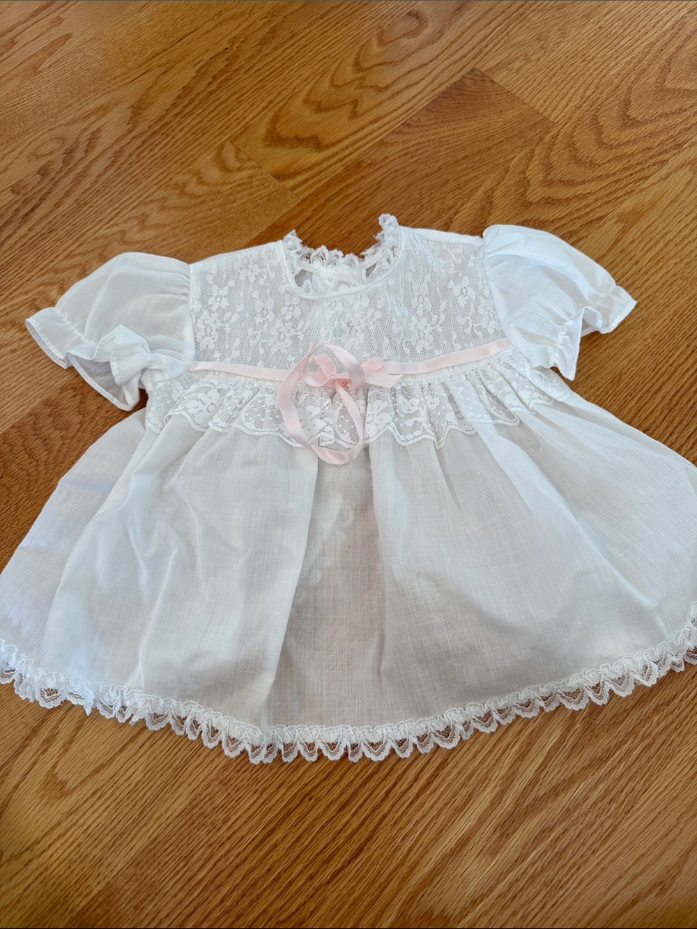 Vintage White Lace Baby Dress with Pink Ribbon